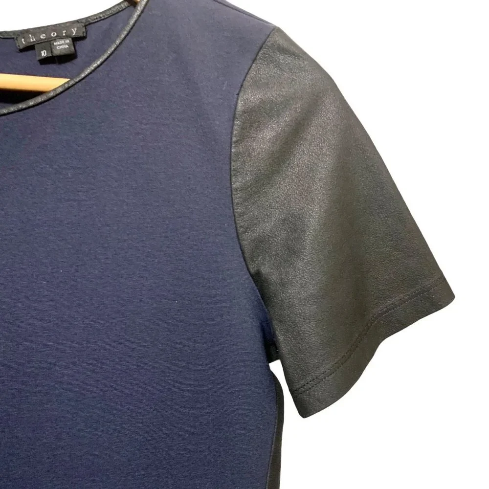 Theory Leilana Leather Trim Shift Dress Womens 10 Navy Blue Black Leather - Picture 4 of 10